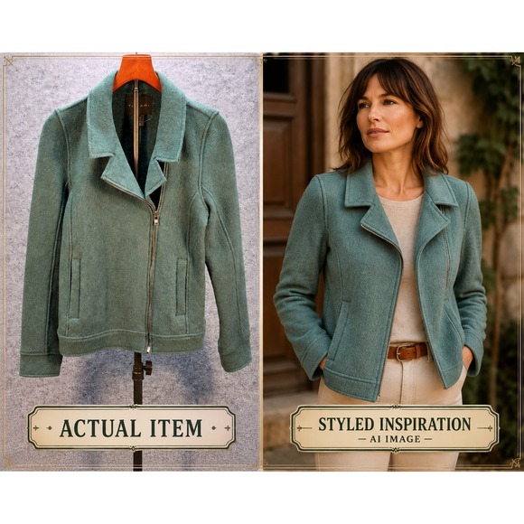 Tahari Jackets & Blazers - Tahari Jacket Women Medium Green Excellent Wool Blend Asymmetric Moto Zip Front